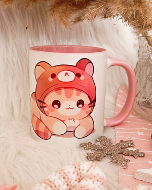 Personalisierte Kaffeetasse 330ml Büro Kinder bedruckte Tasse mit Wunschtext Lebenslange Farbgarantie Geschenk Kawaii Katze rosa innenfarbig sowie farbigen Griff Kaffee- und Teetassen stickerloveshop   